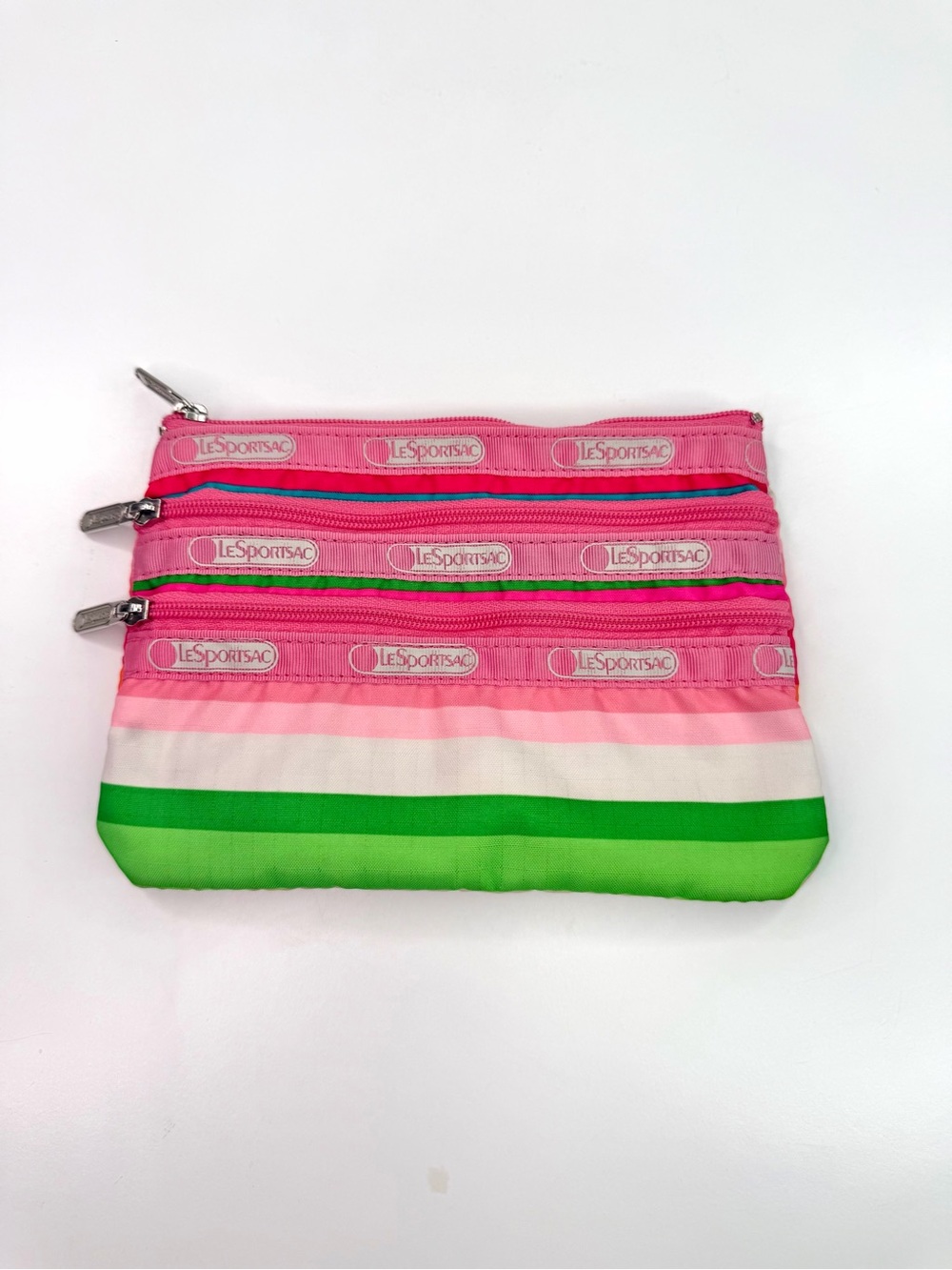 LeSportsac Pink Green Colorful Striped 3 Zip Cosmetic Pouch
